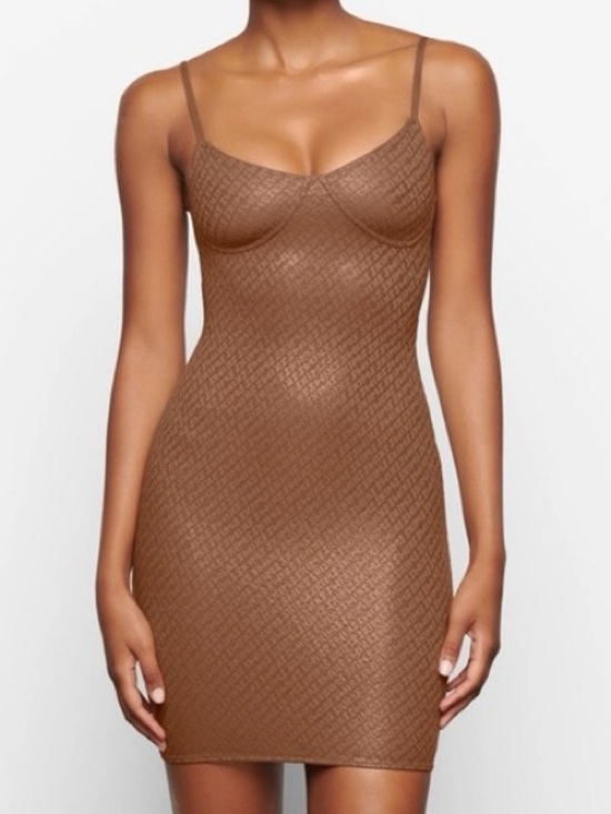 SKIMS Dresses & Skirts - SKIMS Women Plus Size 3X Brown Metallic Logo Mesh Foil Mini Slip Cami Dress NWT